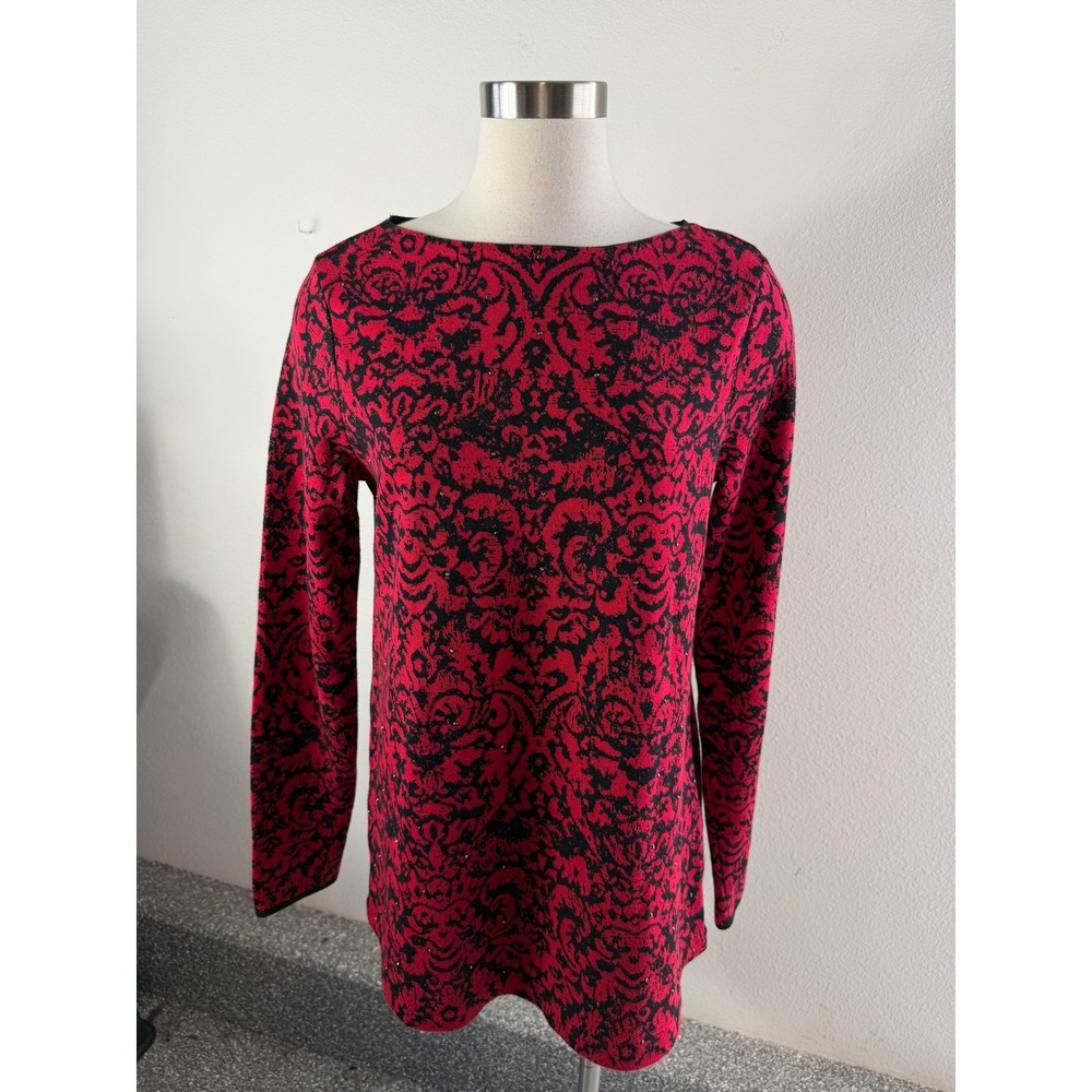 J Jill Womens Small Tall Red Black Damask Sequin Jacquard Knit Sweater Top